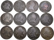 Carlos IV (1788-1808). Lote de 12 monedas diferentes de 4 maravedís de Segovia, 1794, 1795, 1796, 1797, 1798, 1799, 1800, 1801, 1804, 1805, 1806, 1808...