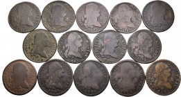 Carlos IV (1788-1808). Lote de 14 monedas diferentes de 8 maravedís de Carlos IV de la ceca de Segovia, 178( ), 1790, 1791, 1792, 1793, 1794, 1796, 17...