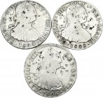 Carlos IV (1788-1808). Lote de 3 monedas de 8 reales de Carlos IV, Potosí 1804, Lima 1806 y 1808. Todas con resellos orientales. A EXAMINAR. BC/BC+. E...