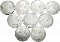 Carlos IV (1788-1808). Lote de 9 monedas de 8 reales de Carlos IV, Lima 1805, México 1806 y 1807 y Potosí 1803, 1804, 1805, 1806, 1807 y 1808. A EXAMI...