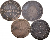 José Napoleón (1808-1814). Lote de 4 monedas diferentes de 1 cuarto de José Napoleón de la ceca de Barcelona, 1809, 1810, 1811 y 1812. A EXAMINAR. BC-...