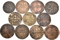 José Napoleón (1808-1814). Lote de 11 monedas de cobre de José Napoleón, que incluye 1 moneda de 2 cuartos (1809) y 10 monedas de 4 cuartos (1808 fund...