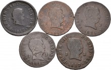 Fernando VII (1808-1833). Lote de 5 monedas de 2 maravedís de Fernando VII de la ceca de Jubia, 1817, 1824 (2), 1826, 1827, cuatro de ellas "tipo cabe...