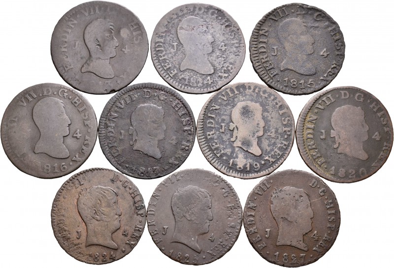 Fernando VII (1808-1833). Lote de 10 monedas diferentes de 4 maravedís de Fernan...