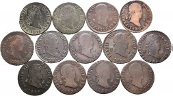 Fernando VII (1808-1833). Lote de 13 monedas diferentes de 4 maravedís de Fernando VII de la ceca de Segovia, 1816, 1818, 1819, 1820, 1824, 1825, 1826...