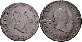 Fernando VII (1808-1833). Lote de 2 monedas de Fernando VII de 8 maravedís de Jubia, 1815 y 1818. A EXAMINAR. MBC. Est...30,00.