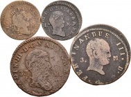 Fernando VII (1808-1833). Lote de 4 monedas de Fernando VII de la ceca de Pamplona, que incluye 2 monedas de 3 maravedís (1819, 1831) y 2 monedas de 1...