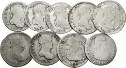 Fernando VII (1808-1833). Lote de 9 monedas de 1 real de Fernando VII, Lima (1819, 1820, 1821, 1823), Madrid (1816, 1828, 1833), Santiago (1813), Méxi...
