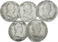 Fernando VII (1808-1833). Lote de 5 monedas de 2 reales de Fernando VII, Lima (1812, 1813, 1817, 1818), Sevilla (1826). A EXAMINAR. BC-/BC. Est...40,0...