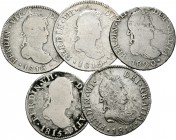 Fernando VII (1808-1833). Lote de 5 monedas de 2 reales de Fernando VII, México (1815), Sevilla (1820), Cádiz (1811), Madrid (1815), Potosí (1816), un...