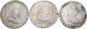 Fernando VII (1808-1833). Lote de 3 monedas de 8 reales de Fernando VII, 1809 Potosí, 1810 Lima busto imaginario, 1812 Lima. A EXAMINAR. BC+/MBC+. Est...