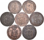 España. Lote de 7 monedas diferentes de 3 cuartos, que incluye 2 monedas de Fernando VII (1810, 1814) y 5 monedas de Isabel II (1837, 1840, 1843, 1845...