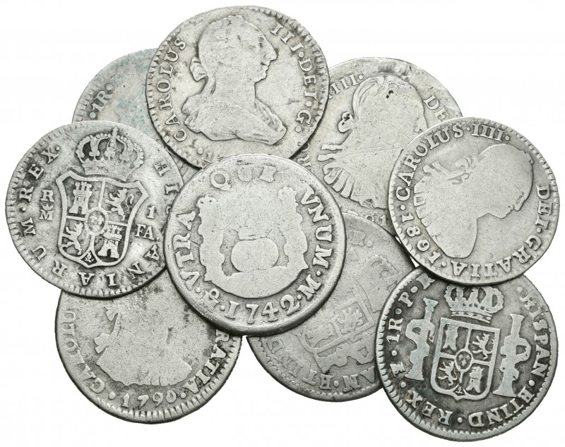 España. Lote de 9 monedas de 1 real, Felipe V México 1742, Carlos III México 177...