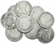 España. Lote de 9 monedas de 1 real, Felipe V México 1742, Carlos III México 1776, Potosí 1777 y 1784, Sevilla 1788, Carlos IV Lima 1791, Madrid 1805,...