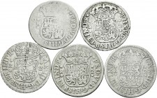 España. Lote de 5 monedas de 2 reales de México, Felipe V 1745, Fernando VI 1751 y 1755, Carlos III 1764 y 1765. A EXAMINAR. BC-/MBC-. Est...100,00.