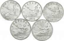 Centenario de la Peseta (1868-1931). Lote de 5 monedas de 2 pesetas Gobierno Provisional, 1869*18-69, 1870*18-70, 1870*18-73, 1870*18-74, 1870*18-75. ...