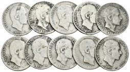 Centenario de la Peseta (1868-1931). Lote de 10 monedas de 20 centavos de peso de Manila 1883 de Alfonso XII. A EXAMINAR. BC-/BC+. Est...50,00.