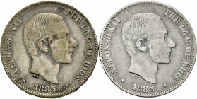 Centenario de la Peseta (1868-1931). Lote de 2 monedas de 50 centavos de Alfonso XII 1883 y 1885. A EXAMINAR. BC+/MBC-. Est...20,00.
