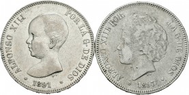 Centenario de la Peseta (1868-1931). Lote de 2 monedas de 5 pesetas de Alfonso XII, 1891 y 1895. A EXAMINAR. MBC. Est...30,00.