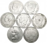 Centenario de la Peseta (1868-1931). Lote de 7 monedas de 5 pesetas, falsas de época sevillanas; 1884 MSM, 1885 PGM, 1889 MSM, 1891 PGM, 1893 MSM, 189...