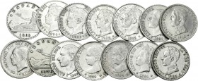 Centenario de la Peseta (1868-1931). Serie de 14 monedas de 50 céntimos del Centenario, Gobierno Provisional 1869*6-9, 1870*7-0, Alfonso XII 1880*8-0,...