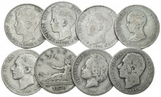 Centenario de la Peseta (1868-1931). Lote de 8 monedas del Centenario de 1 peseta, Gobierno Provisional 1870, Alfonso XII 1883, 1885, Alfonso XIII 189...