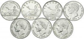 Centenario de la Peseta (1868-1931). Lote de 7 monedas de 1 peseta del Centenario, Gobierno Provisional 1869, 1870*18-70, 1870*18-73, Alfonso XII 1876...