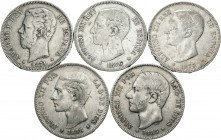 Centenario de la Peseta (1868-1931). Lote de 10 monedas de 5 pesetas del Centenario 1871, 1875, 1876, 1878, 1885, 1888 MPM, 1889, 1890, 1891, 1892. Al...