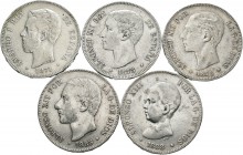 Centenario de la Peseta (1868-1931). Lote de 10 monedas de 5 pesetas del Centenario 1871, 1875, 1878, 1885, 1888 MPM, 1889, 1890, 1891, 1892 (2). Algu...