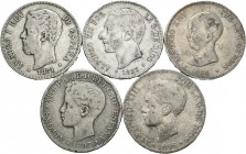 Centenario de la Peseta (1868-1931). Lote de 5 monedas del Centenario de la Peseta, 4 monedas de 5 pesetas 1871, 1885, 1888 MPM, 1898 y 1 peso 1897. A...
