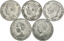 Centenario de la Peseta (1868-1931). Lote de 5 monedas de 5 pesetas del Centenario 1871 (2), 1885, 1888 MPM, 1890. La mayoría de las estrellas visible...