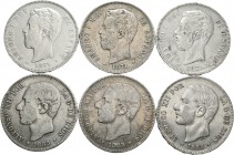Centenario de la Peseta (1868-1931). Lote de 6 monedas de 5 pesetas del Centenario 1871 (3), 1885 (3). Algunas estrellas visibles. A EXAMINAR. BC+/MBC...