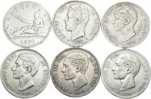Centenario de la Peseta (1868-1931). Lote de 22 monedas diferentes de 5 pesetas del Centenario, 1870, 1871*71, 1875, 1876, 1877, 1878, 1881, 1882, 188...