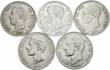 Centenario de la Peseta (1868-1931). Lote de 15 monedas diferentes de 5 pesetas del Centenario, 1871*71, 1876, 1877, 1878, 1882, 1883, 1884, 1885, 188...
