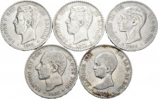 Centenario de la Peseta (1868-1931). Lote de 10 monedas de 5 pesetas del Centenario, 1871*71, 1871*75, 1878, 1885, 1888 MPM, 1890 y 1891 (4), algunas ...