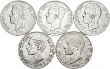 Centenario de la Peseta (1868-1931). Lote de 10 monedas de 5 pesetas del Centenario, 1871*71, 1871*74, 1871*75, 1878, 1885, 1888 MPM (2), 1890 y 1891 ...