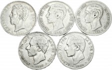 Centenario de la Peseta (1868-1931). Lote de 10 monedas diferentes de 5 pesetas del Centenario, 1871*71, 1877, 1878, 1883, 1884, 1885, 1888 MPM, 1889,...