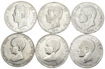 Centenario de la Peseta (1868-1931). Lote de 6 monedas diferentes de 5 pesetas del Centenario, 1871*71, 1871*74, 1885, 1888 MPM y 1891, algunas estrel...