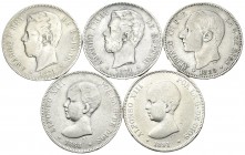 Centenario de la Peseta (1868-1931). Lote de 5 monedas diferentes de 5 pesetas del Centenario, 1871*71, 1871*74, 1885, 1888 MPM y 1891, algunas estrel...