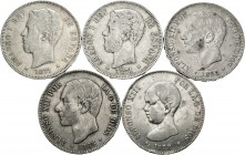 Centenario de la Peseta (1868-1931). Lote de 5 monedas de 5 pesetas del Centenario 1871 (2), 1885 (2), 1888 MPM. La mayoría de las estrellas visibles....
