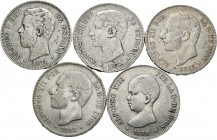 Centenario de la Peseta (1868-1931). Lote de 10 monedas de 5 pesetas del Centenario 1871, 1875, 1885 (2), 1888 MPM, 1889, 1890, 1892, 1897, 1898. Algu...