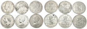 Centenario de la Peseta (1868-1931). Lote de 6 monedas de 5 pesetas, Amadeo I (1), Alfonso XII (3) y Alfonso XIII (2). A EXAMINAR. BC/MBC. Est...70,00...