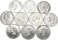 Centenario de la Peseta (1868-1931). Lote de 10 monedas de 5 pesetas del Centenario, 1871*75, 1877, 1878 (2), 1879, 1881, 1884, 1885 (3). Todas las es...