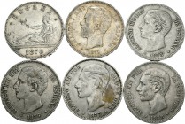 Centenario de la Peseta (1868-1931). Lote de 11 monedas de 5 pesetas del Centenario 1877, 1878, 1879, 1882 (18-82/1), 1884, 1885, 1888 MPM. La mayoría...