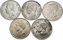 Centenario de la Peseta (1868-1931). Lote de 10 monedas de 5 pesetas del Centenario 1871 (2), 1875, 1876, 1878, 1882, 1885, 1888 MPM, 1889, 1890. La m...