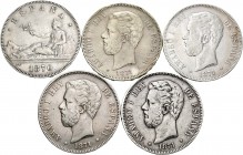Centenario de la Peseta (1868-1931). Lote de 27 monedas de 5 pesetas del Centenario, Amadeo I (incluye un 1871*18-73 a examinar), Alfonso XII, Alfonso...