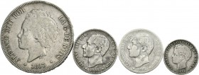 Centenario de la Peseta (1868-1931). Lote de 4 monedas del Centenario, 5 pesetas 1893 PGV (1), 1 peseta 1881 (1), 1 peseta 1883 (1) y 10 centavos 1896...