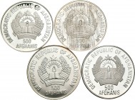 Afganistán. Lote de 4 monedas de plata de Afganistán, 500 afghanis de 1993, 1986 y 1992 (2), con distintos motivos. A EXAMINAR. PROOF. Est...90,00.