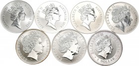 Australia. Lote de 7 monedas de Australia de 1 dollar de plata, seis de ellas de canguros y una de caballo. A EXAMINAR. PROOF. Est...200,00.