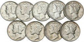 Estados Unidos. Lote de 9 monedas de 10 centavos americanos tipo Mercury, 1941, 1941 S, 1942, 1943, 1943 D, 1943 S, 1944, 1944 D Y 1945. A EXAMINAR. E...